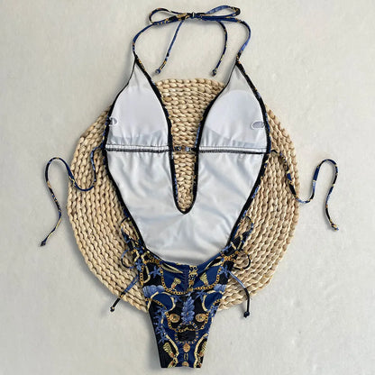 New One Piece Swimsuit Women Deep V Print