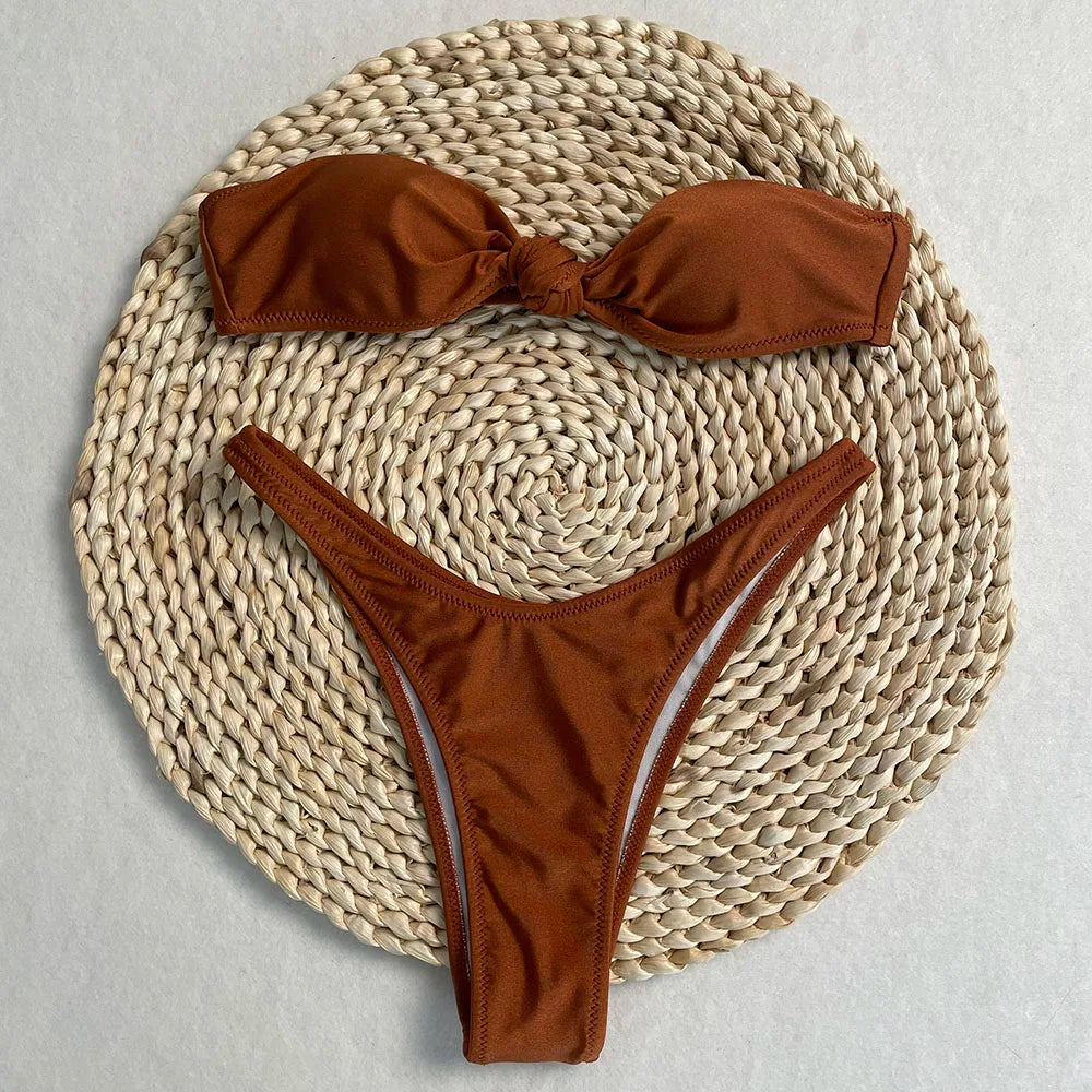 New Sexy Strapless Bikini Set Solid Thong Two-Piece Swimsuit