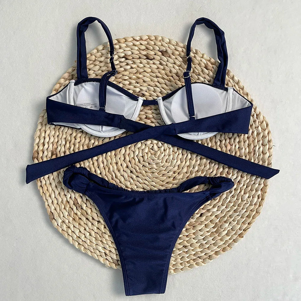 Sexy Two-Piece Bikini Set Solid Thong Strap Swimsuit