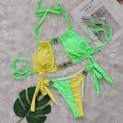 Sexy Patchwork Bikini Set Crystal Diamond
