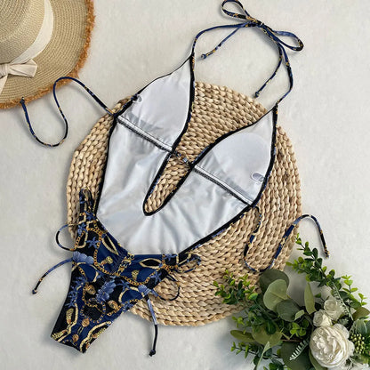 New One Piece Swimsuit Women Deep V Print