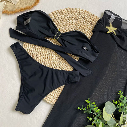New Sexy 3-piece Swimsuit Strapless Solid Bikini Set