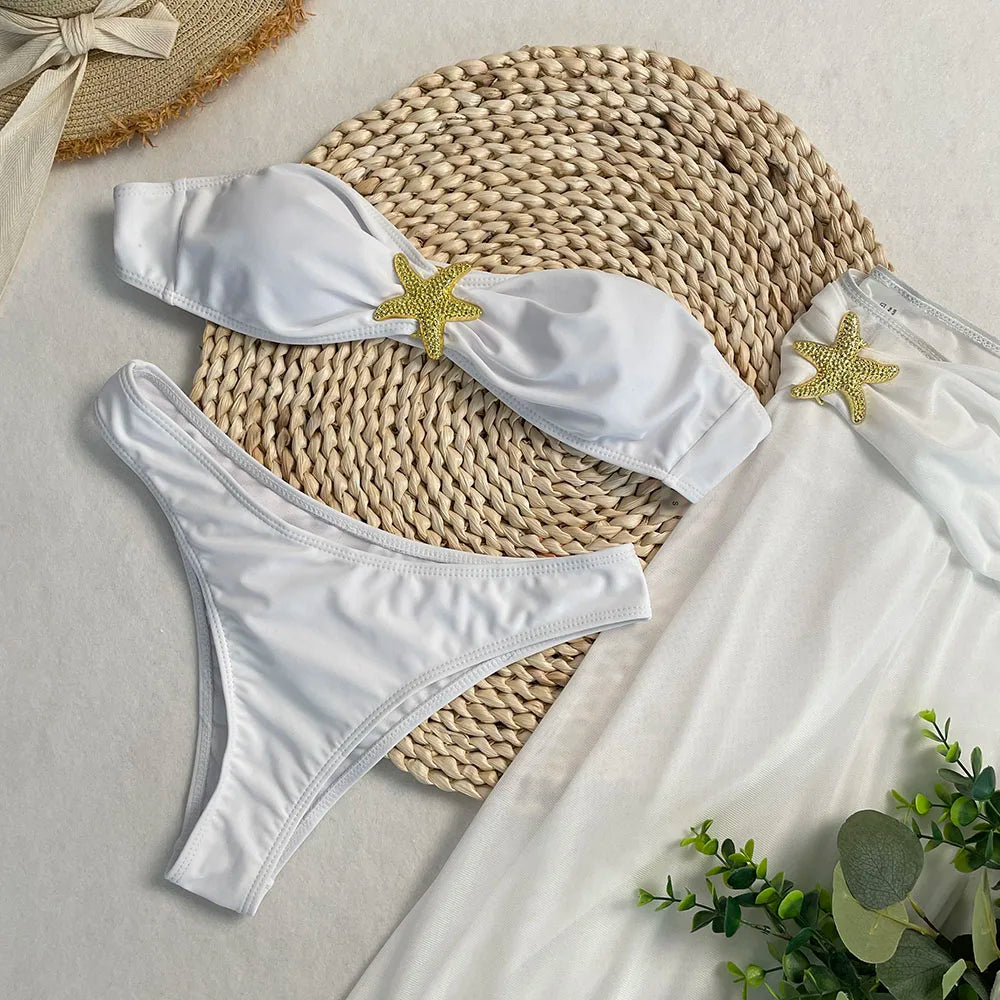New Sexy 3-piece Swimsuit Strapless Solid Bikini Set