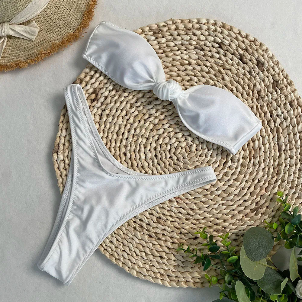 New Sexy Strapless Bikini Set Solid Thong Two-Piece Swimsuit