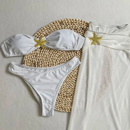New Sexy 3-piece Swimsuit Strapless Solid Bikini Set