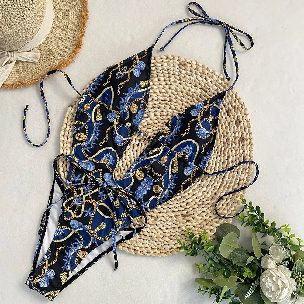 New One Piece Swimsuit Women Deep V Print