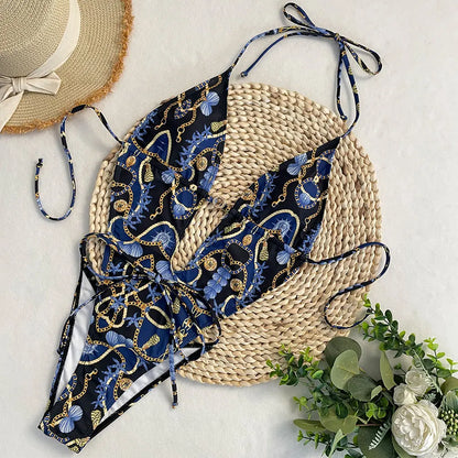 New One Piece Swimsuit Women Deep V Print