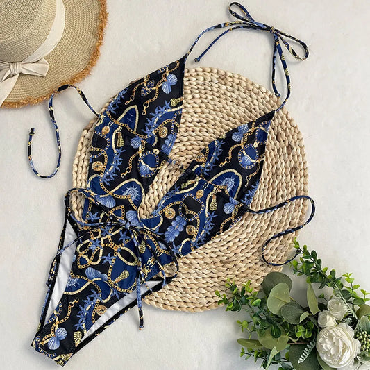 New One Piece Swimsuit Women Deep V Print