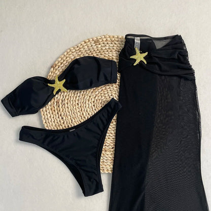 New Sexy 3-piece Swimsuit Strapless Solid Bikini Set