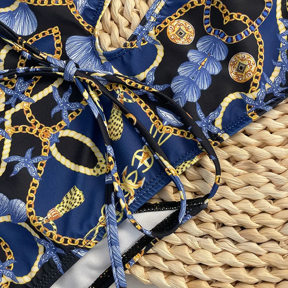New One Piece Swimsuit Women Deep V Print