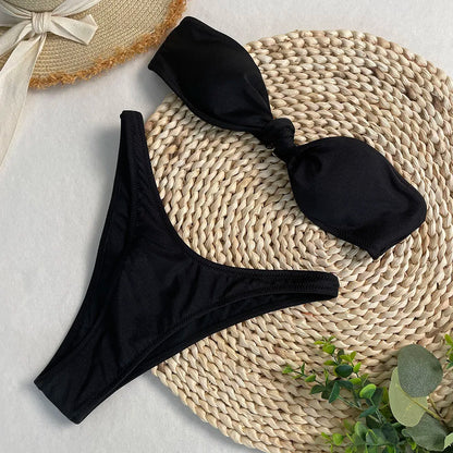 New Sexy Strapless Bikini Set Solid Thong Two-Piece Swimsuit