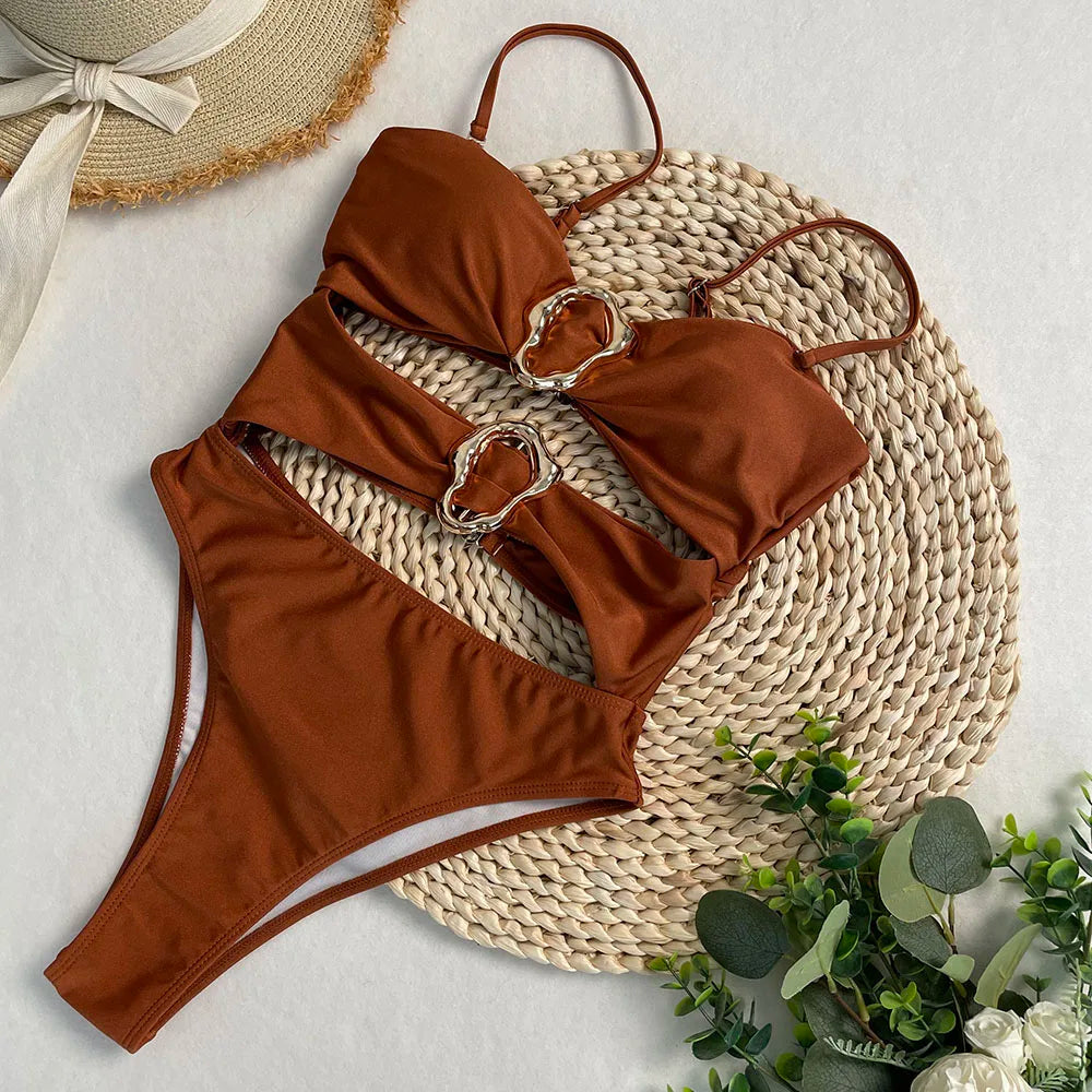 One Piece Swimsuit Hollow Metal Buckle