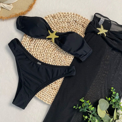 New Sexy 3-piece Swimsuit Strapless Solid Bikini Set