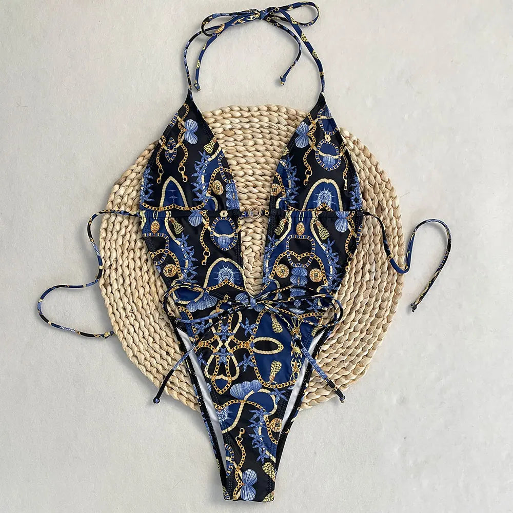 New One Piece Swimsuit Women Deep V Print