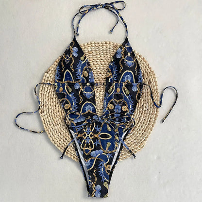 New One Piece Swimsuit Women Deep V Print
