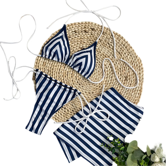New There-piece Sexy Swimsuit Blue Stripes