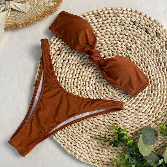New Sexy Strapless Bikini Set Solid Thong Two-Piece Swimsuit